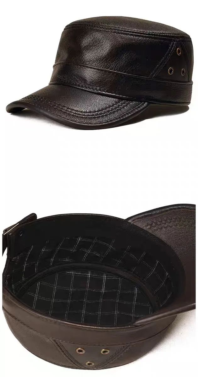 Genuine Leather Cap Men's Flat Caps Military Hat Elegant Man Baseball Cap British Vintage Cowhide Warm Hat Adjustable 55 60cm