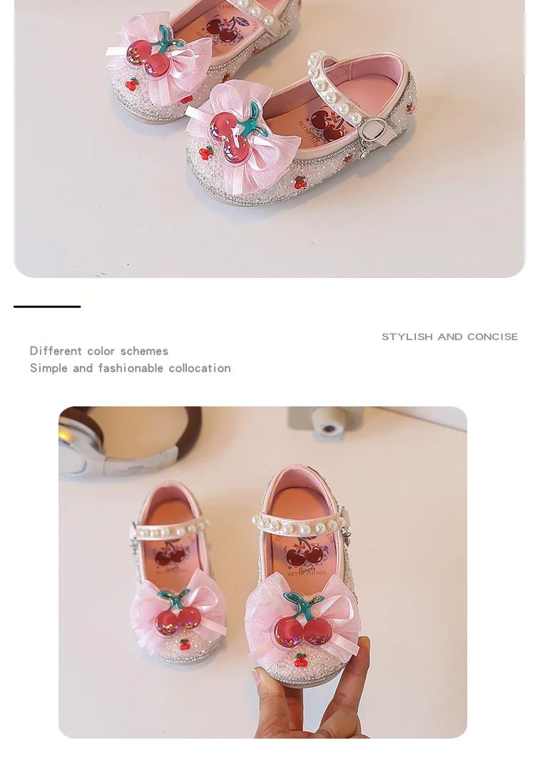 Children's Leather Shoes Autumn New Pink Soft Bottom Flat Kid's Casual Shoes Fashion Cute Cherry Bow Girls' Princess Shoes