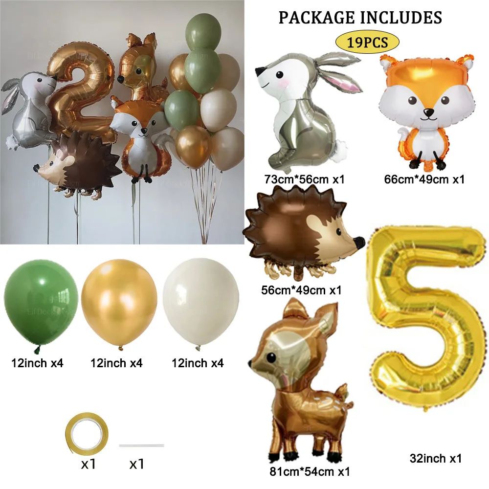 19pcs Hedgehog Deer Fox Rabbit Balloon Set Gold Number Balloon Woodland Animal Happy Birthday Party Decorations