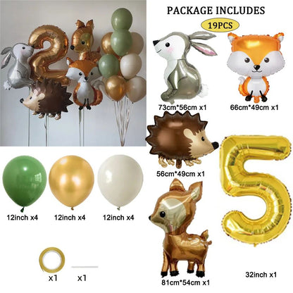 19pcs Hedgehog Deer Fox Rabbit Balloon Set Gold Number Balloon Woodland Animal Happy Birthday Party Decorations