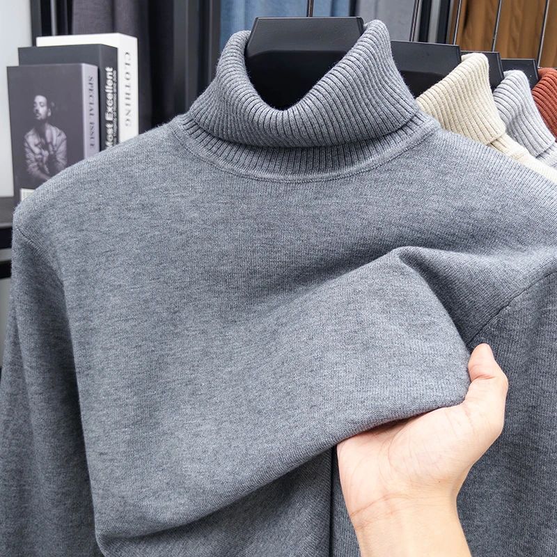 Autumn Mens High Quality Knitted Turtleneck Sweater Slim Fit Long Sleeve Anti-pilling Pullover Solid Color Trend Men Streetwea
