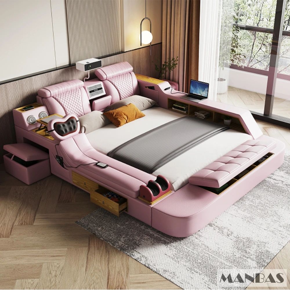 Linlamlim Ultimate Multifunctional Bedframe - Tech Smart Bed with Genuine Leather, Massage, Speaker, Projector, Air Purifier