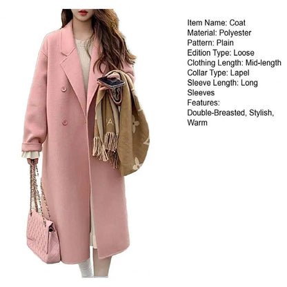 Women Coat Double-Breasted Mid-length Outerwear Lapel Stylish Warm Mid-Length Double Pockets Winter Coat Lady Accessories