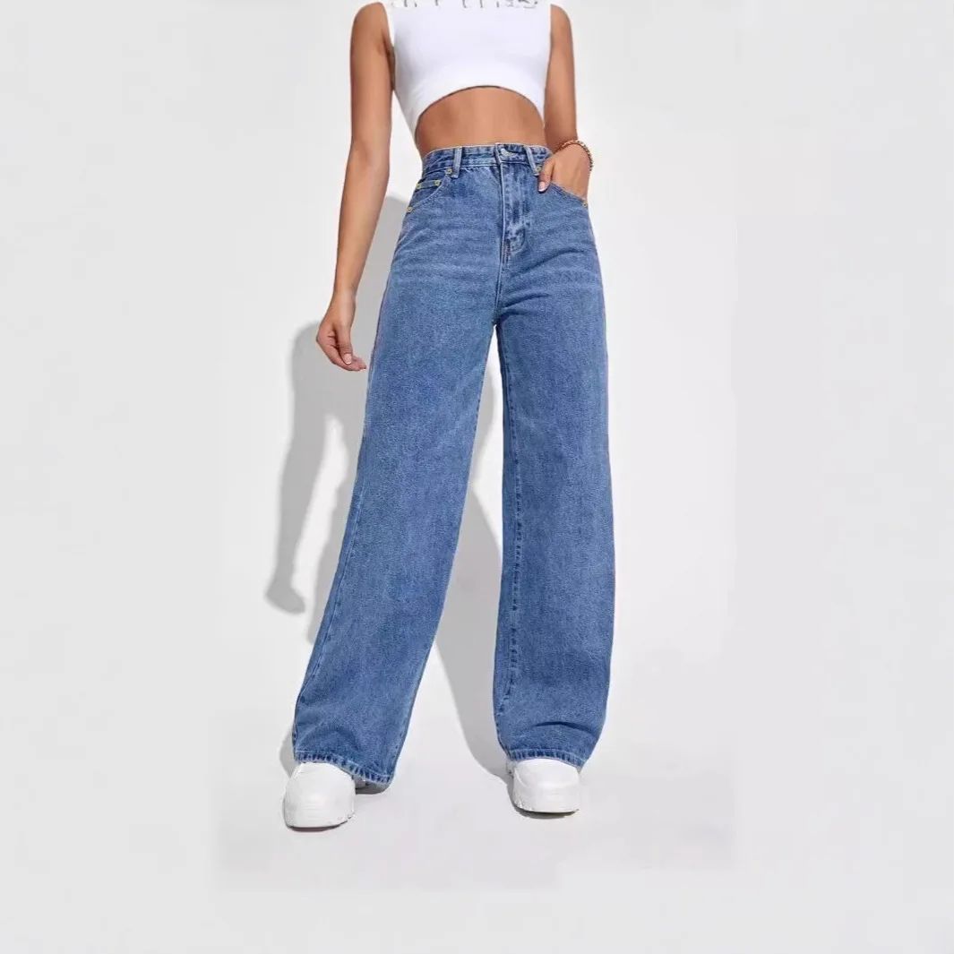 High Waist Straight Leg Jeans for Women New Style Cross-Border High Waist Slim Fit Long Jeans Trendy Women's Denim Pants