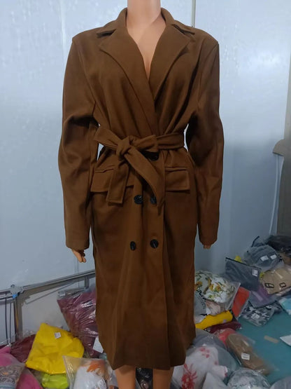 CPSYMYM Winter Coat for Women  Autumn Double Breasted Simple Solid Lapel Long Sleeved Split Long Woolen Cloth Jacket Coa