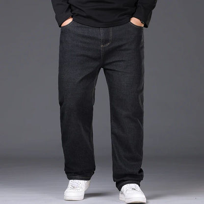 42-50 Plus Size Men's Jeans Business Casual Denim Pants High Waist Straight Leg Loose Elastic Comfortable Trousers Male Clothing