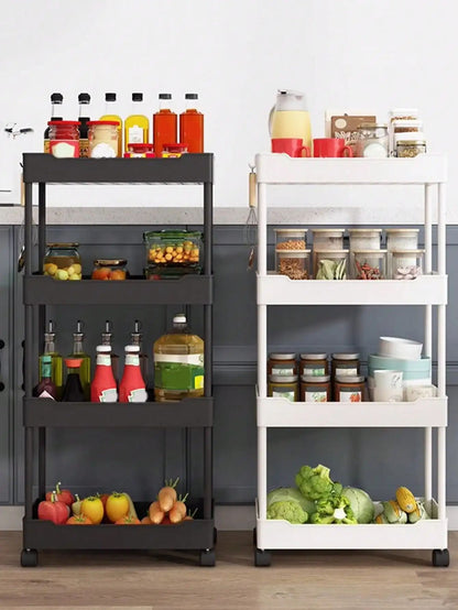 Rack de armazenamento móvel com 3/4 níveis para espaços estreitos, carrinho utilitário com rodinhas, prateleira organizadora fina para cozinha, banheiro e sala de estar