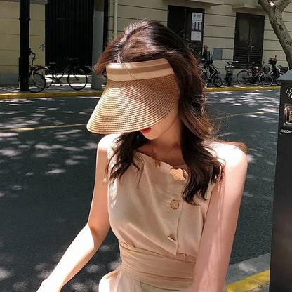 2025 New Summer Outdoor Visor Cap Casual Shade Hat Straw Wide Empty Top Sun Hat Anti Uv Female Large Brim Beach Sunhat Lady