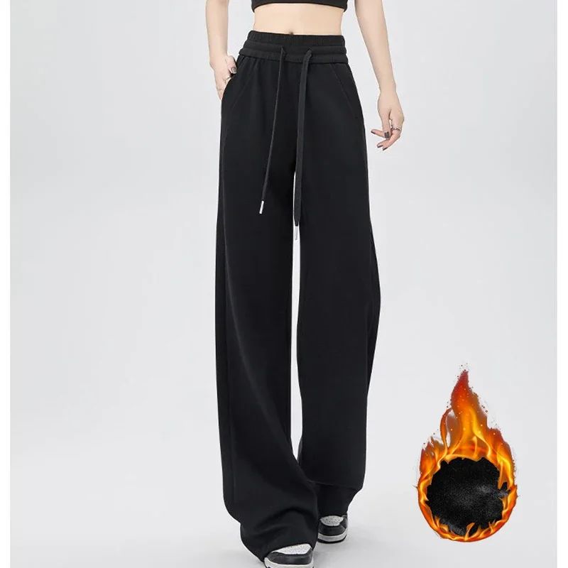 2024 Winter Girls Pants Snow Warm Solid Fleece Sweatpants Lady Korean Style Thicken Thermal High Waisted Straight Leg Trousers
