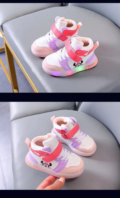 2024 Disney Children's Led Light Shoes Fashion Mickey Mouse Boys Sneakers Girls Cartton Casual Shoes Breathable Kids Sport Shoes