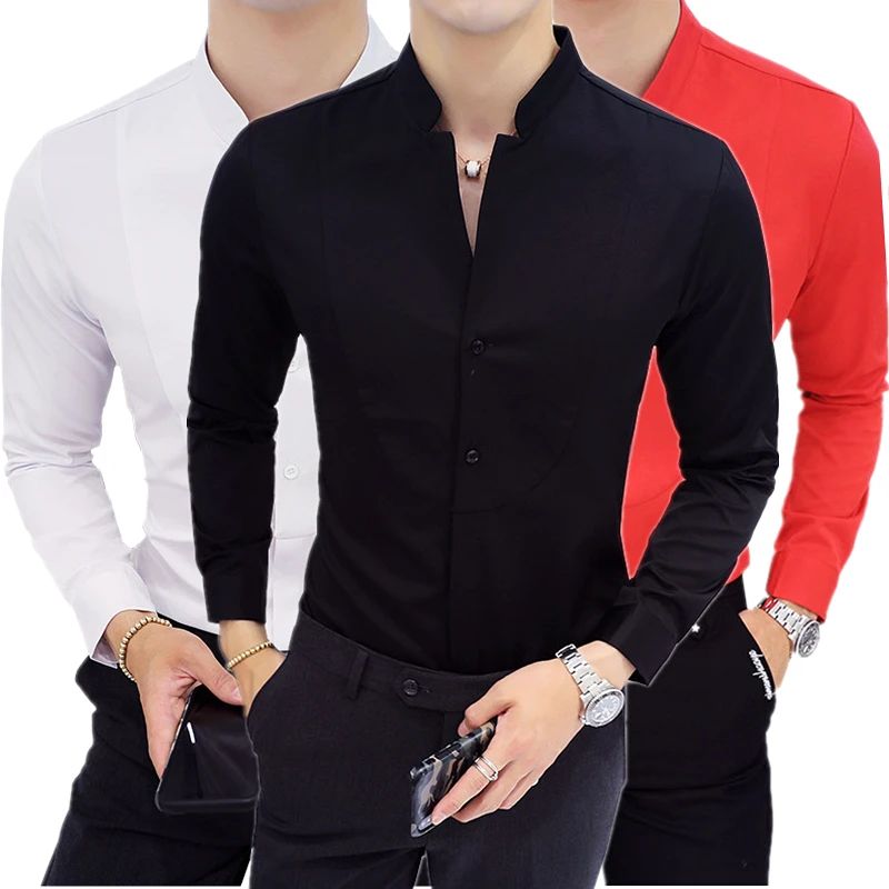 Black Men Long Sleeve Shirt, White Single Breasted Collar Stretch Shirts, Red Fashion Slim Top,Asian Size M-5XL(Korean Slim Fit)