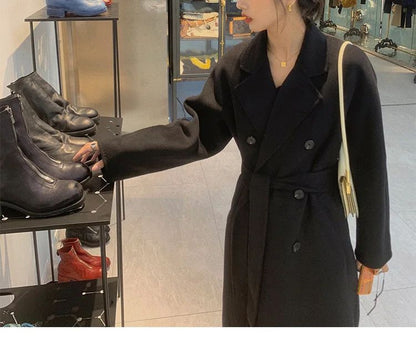 Casaco Feminino de Lã de Comprimento Médio Outono Inverno Estilo Camel Hepburn Casaco Folgado Marca Chinesa de Moda