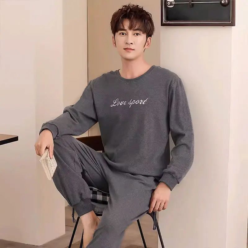 Cotton Pajamas Men Spring and Fall Long-Sleeved Long Pants Korean Version of the Loose Homewear Solid Sleepwear Loungewear Large