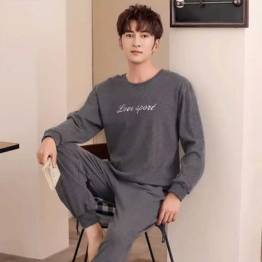 Cotton Pajamas Men Spring and Fall Long-Sleeved Long Pants Korean Version of the Loose Homewear Solid Sleepwear Loungewear Large