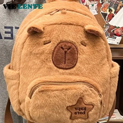 Mochila de Pelúcia Capivara Capibala para Estudantes, Mochila Casual de Pelo, Bolsa Escolar de Grande Capacidade