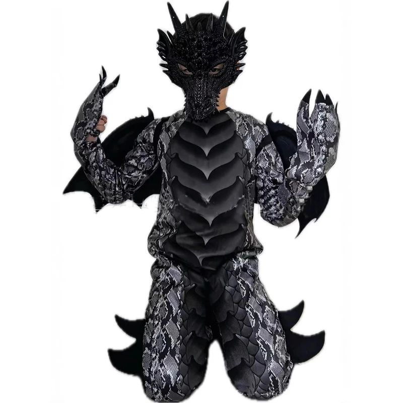 2025 New Arrival Dragon Jumpsuit With Wing And Mask Halloween Outfit Child Boys Black Blue Dragon Costume Halloween Dress Up