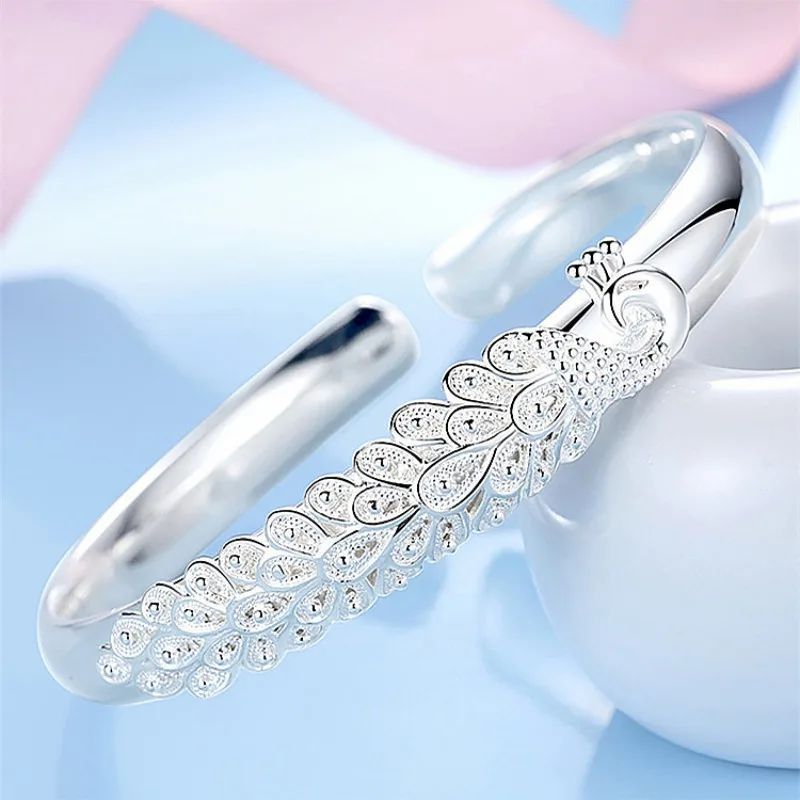 Pulseira Feminina Pavão Vazado de Prata Esterlina 925 Textura de Luxo Aberta Presente de Joias Originais para Festa