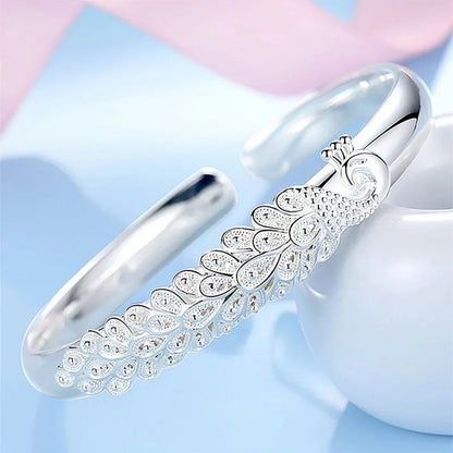Pulseira Feminina Pavão Vazado de Prata Esterlina 925 Textura de Luxo Aberta Presente de Joias Originais para Festa