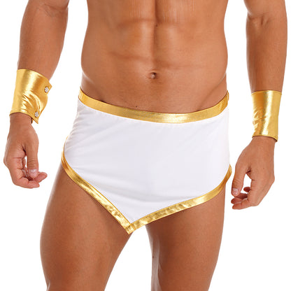 Men Roman Gladiator Costume Ancient Greek God Caesar Mini Skirt with Cuffs Halloween Theme Party Cosplay Outfits Fancy Dress Up