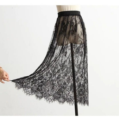 2 Length Elegant Black Skirt White Lace Transparent Long Tulle Skirt Ladies Elastic High Waist Beach Midi Skirt Drop shipping