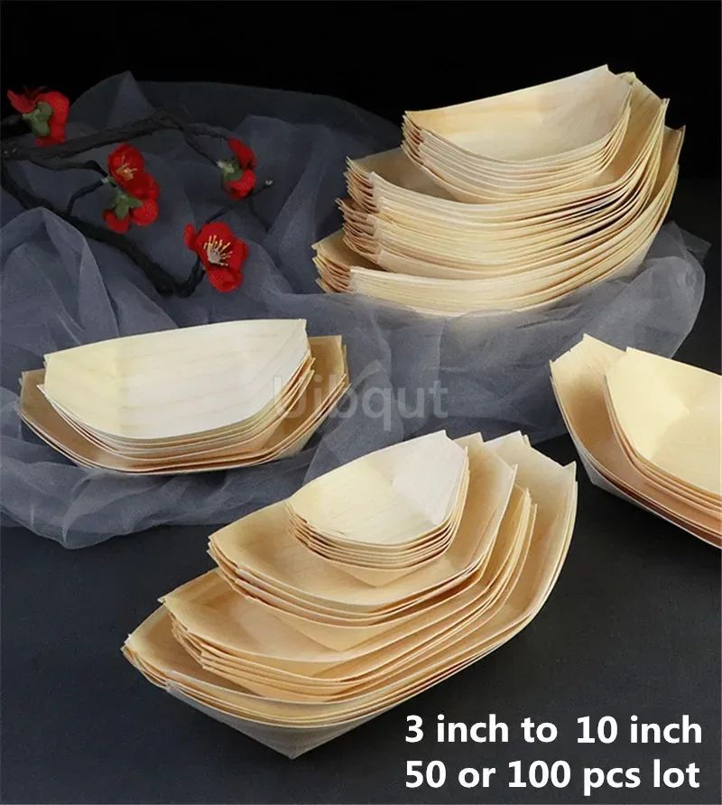 50 100pcs Sushi shushi Wood Boat Natural bamboo Disposable Kayak Salad Dessert Pine cake Boat Snack Bowl mat sushi plate tray