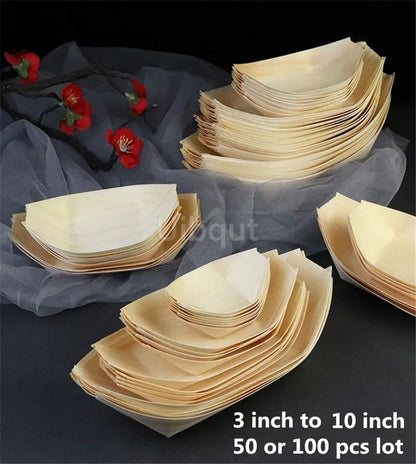 50 100pcs Sushi shushi Wood Boat Natural bamboo Disposable Kayak Salad Dessert Pine cake Boat Snack Bowl mat sushi plate tray