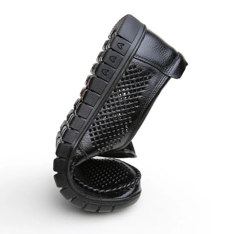 Plus Size Breathable Hollow Out Leather Sandals For Men Summer Comfortable Slip-Ons With Gap Between The Shoes And The Ground