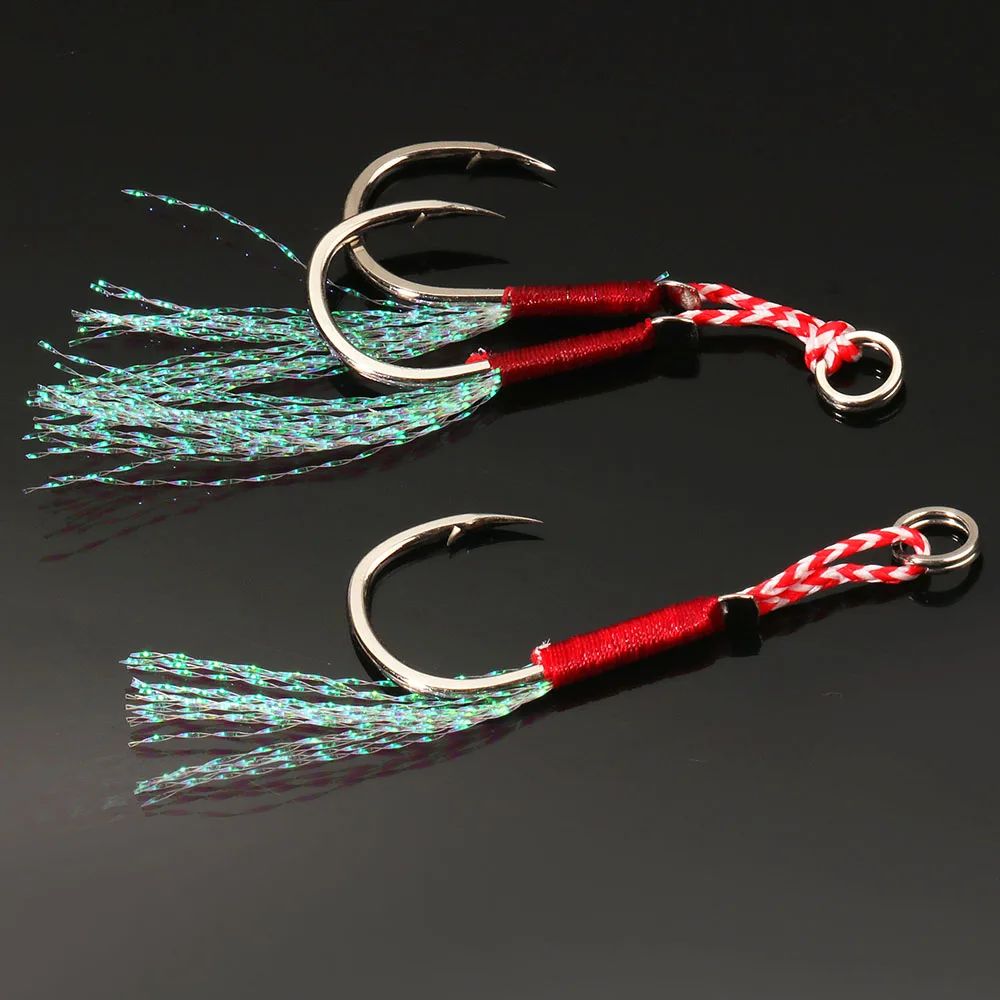 10 pçs/Lote Anzol Auxiliar Cast Jig Aço Carbono Ângulo Farpa Rosca Pena Isca Pesca Lento Jigging Mar Pesca Anzol