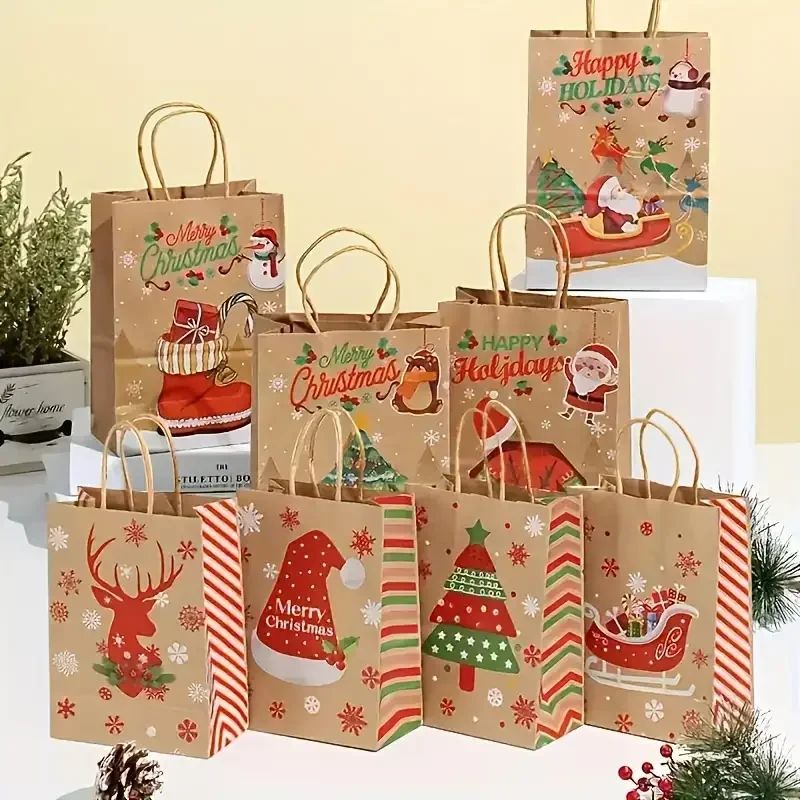 Christmas Kraft Gift Bags with Handles Snowman Santa Tree Designs Geometric Pattern Paper Tote Bags Party Xmas Decoration