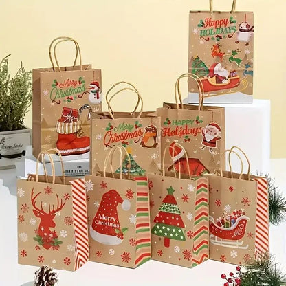 Christmas Kraft Gift Bags with Handles Snowman Santa Tree Designs Geometric Pattern Paper Tote Bags Party Xmas Decoration