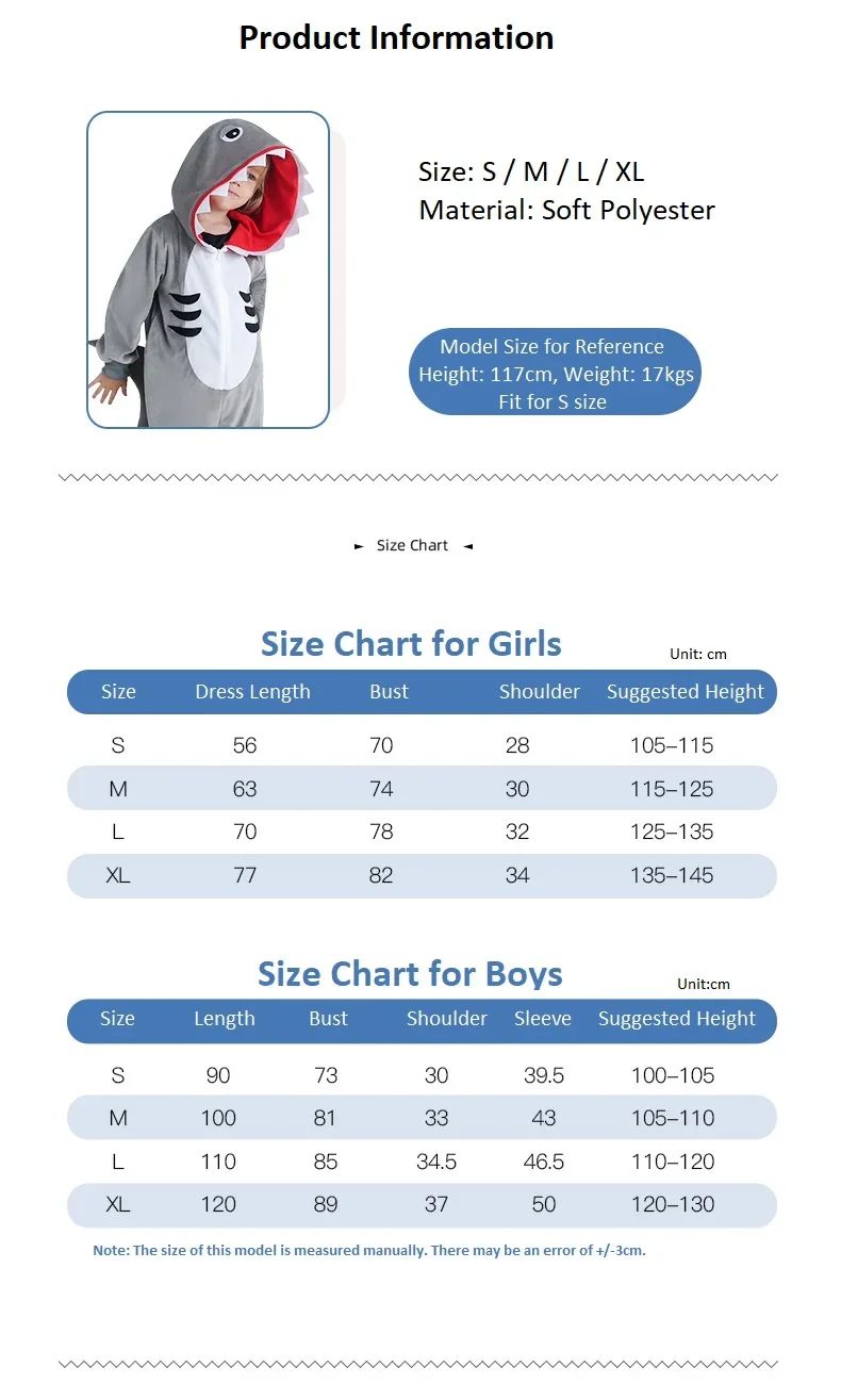 Shark Costume Boys Girls Grey Shark Cosplay Ocean Animal Theme Party Halloween Carnival Dress Kids Game Play Stage Performance