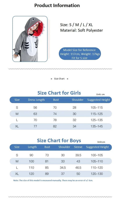 Shark Costume Boys Girls Grey Shark Cosplay Ocean Animal Theme Party Halloween Carnival Dress Kids Game Play Stage Performance