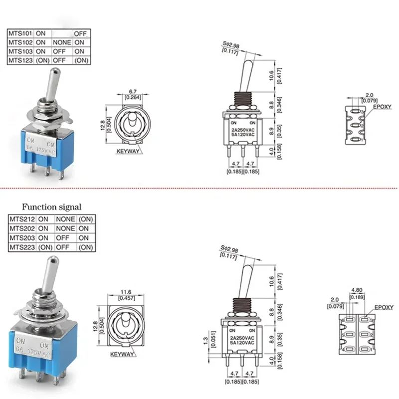 10Pcs Light Blue Miniature Toggle Switch MTS-102/103/202/203 3 Pin 6 Pin Rocker Power Switch ON-OFF-ON / ON-OFF Waterproof Cap