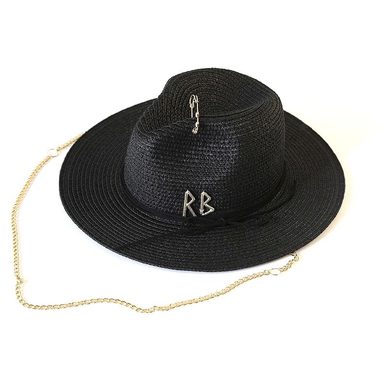Fashionable Metal RB Letter Straw Hats for Women Men Summer Outdoor Holidays Beach Sun Hat Straw Hats for Women Fashion Panama