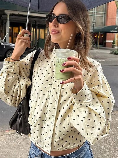 Polka Dot Stand Neck Short Jackets Women Fashion Long Sleeve Patchwork Contrast Slim Coats Casual Lady Street Commute Outerwear