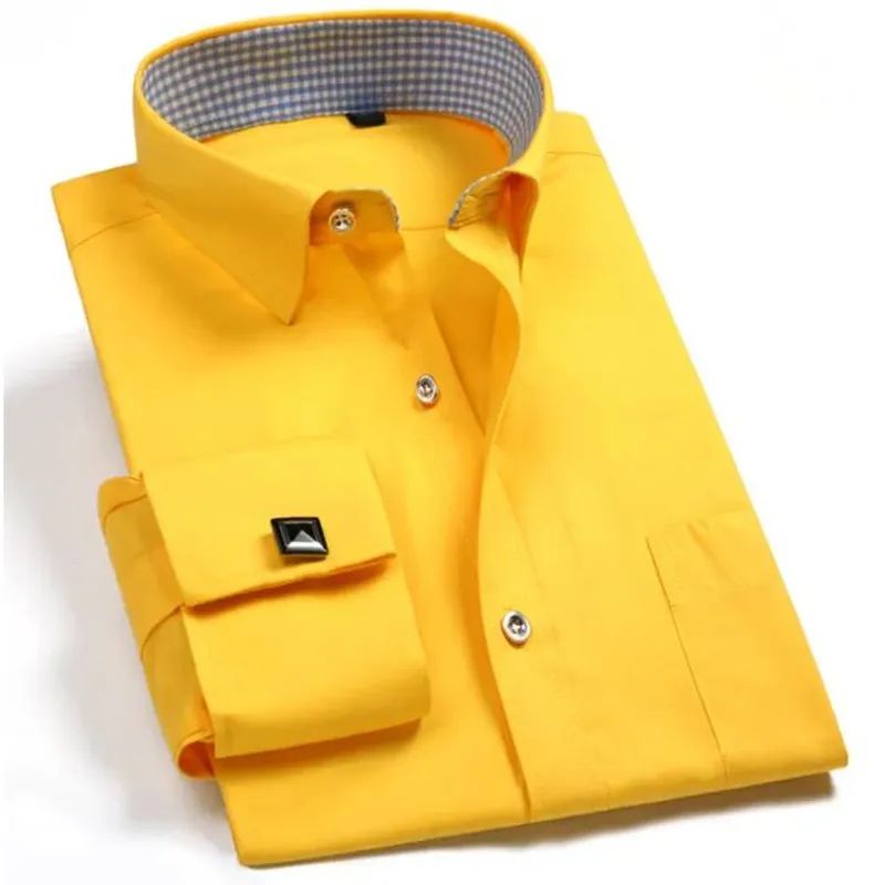 2024 New M~6XL Men's French Cuff Dress Shirt Yellow -White-Purple-Black Long Sleeve Formal Business Buttons Regular Fit Comfort