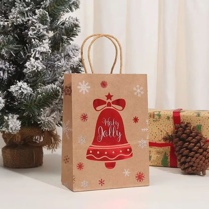 Christmas Kraft Gift Bags with Handles Snowman Santa Tree Designs Geometric Pattern Paper Tote Bags Party Xmas Decoration