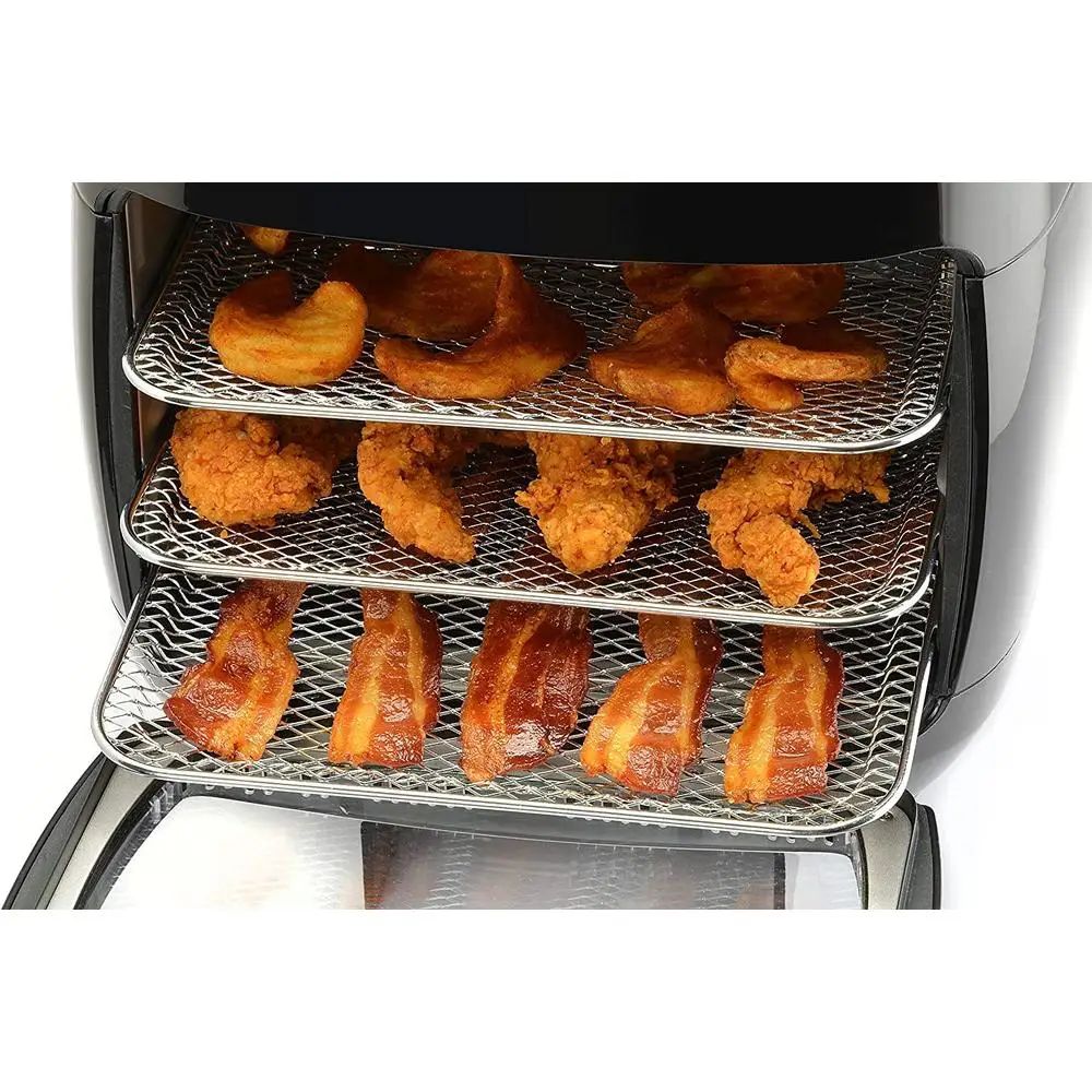 Fritadeira de Ar Digital Rotativa Cozimento Saudável 8 Opções Predefinidas 3 Grelhas 10 Espetos de Churrasco Bandeja de Gotejamento Receitas Incluídas