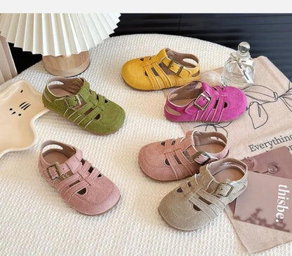 1-12Y Children's Sandals Toe Protect Boys Girls Summer New Candy Color Soft Sole Shoes Kids Casual Retro Flat Leather Sandals