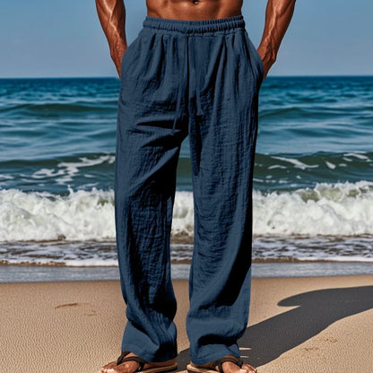 Calça Casual Masculina de Linho com Elástico na Cintura, Calça de Praia Leve com Cordão, Calça de Yoga de Verão Cor Sólida, Calça de Praia