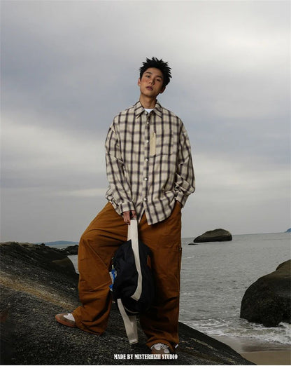 Autumn Y2K Vintage Plaid Shirts For Men Long Sleeve Button Up Blouse Korean Fashion Zip Pocket Cargo Shirt Streetwear Clothes
