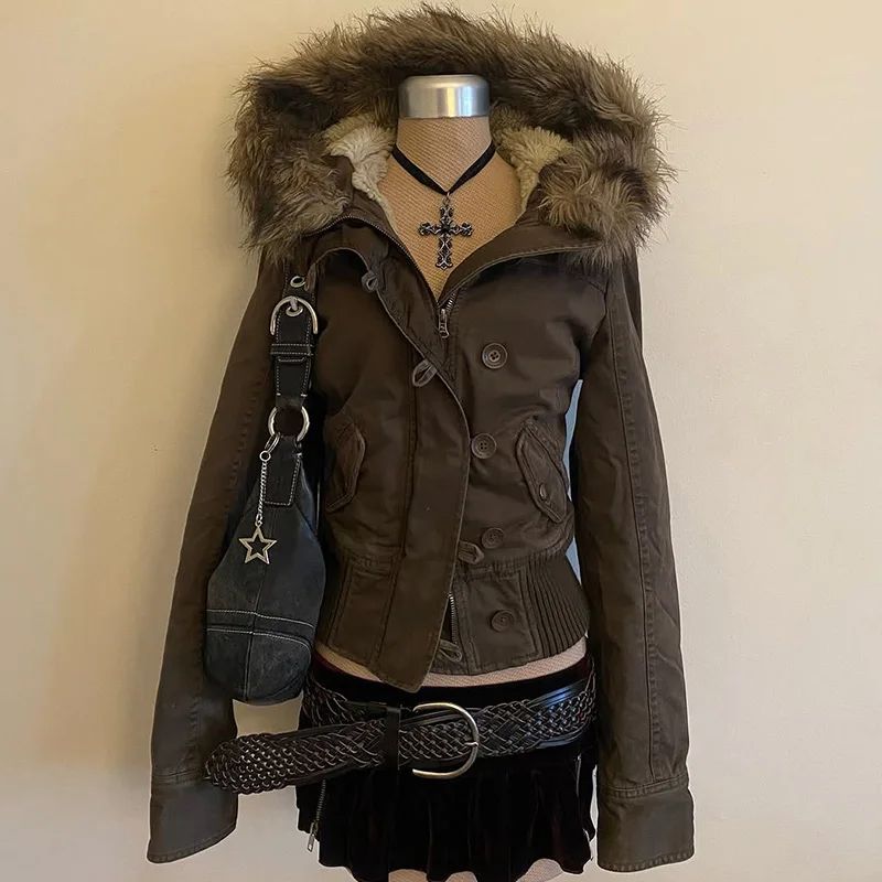 Womens Coffee Brown Fleece Jacket Winter Retro Zipper Cardigan with Button Design Slim Fit for Daily Wear High Quality Outerwear