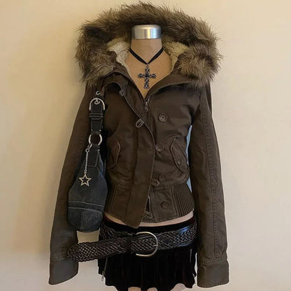 Womens Coffee Brown Fleece Jacket Winter Retro Zipper Cardigan with Button Design Slim Fit for Daily Wear High Quality Outerwear