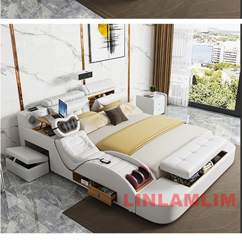 MINGDIBAO Modern MULTIFUNCTIONAL Tech SMART BED 2 People | FUTURISTIC FURNITURE | Ultimate Massage Tatami Genuine Leather Beds