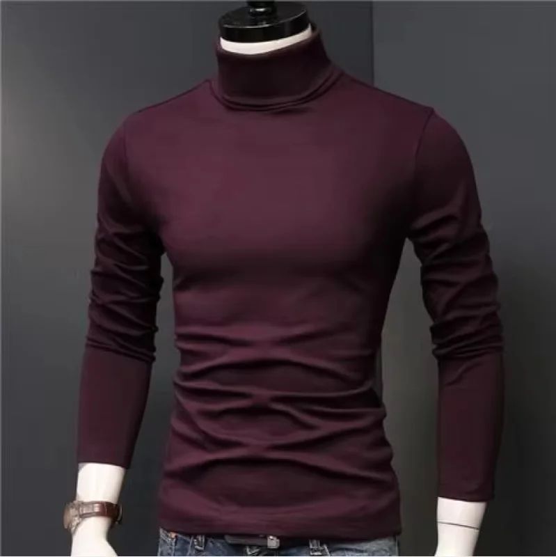 2025 Autumn New Men Mid to High Collar Warm Clothes Solid Color Outdoor Leisure Running Slimming Long Sleeve Bottom Shirt