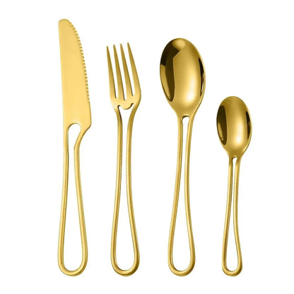 Conjunto de Talheres 4 Peças Aço Inoxidável Louça Cabo Vazado Faca Garfo Colher Jogo de Talheres Ocidentais Prata