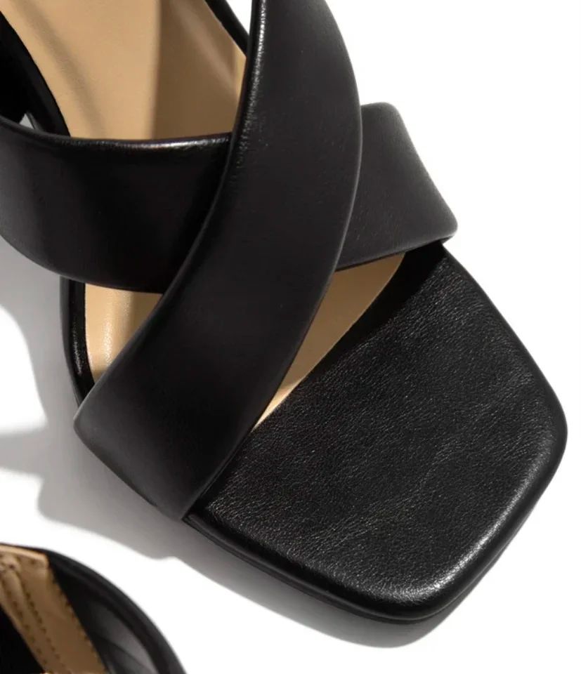 2024 summer new style square head cross strap stiletto heels women's solid color sandals and slippers 43