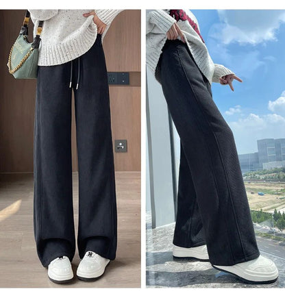 Winter Fleece Thickened High Waist Warm Trousers for Women Solid Color Loose Elastic Waist Straight Casual Pants
