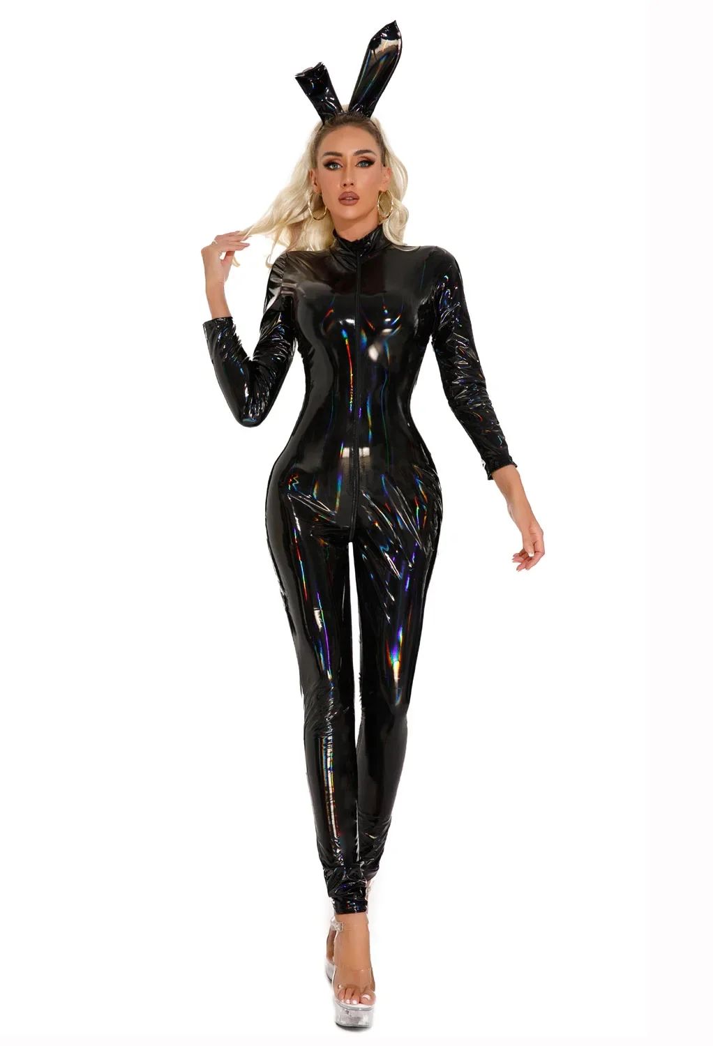 Unisex Laser Natte Look Pvc Catsuit Glanzend Pu Lederen Rits Open Kruis Bodysuit Panty Cosplay Leotard Sexy Jumpsuit