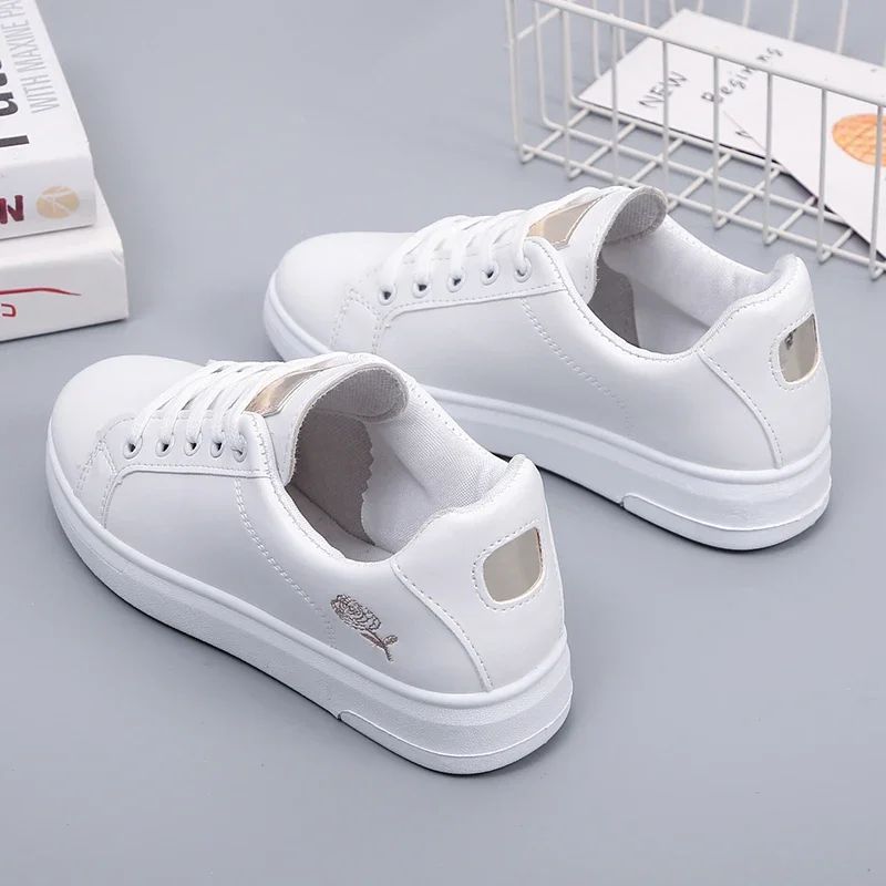 Women Leather Pu Casual Shoes New 2024 Woman Shoes Fashion Embroidered White Sneakers Breathable Flower Lace-Up Women Sneakers
